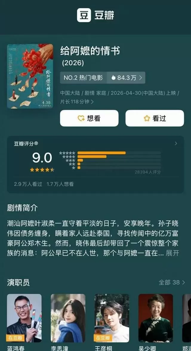 《给阿嬷的情书》豆瓣开分9.0领跑五一档 | 情报图